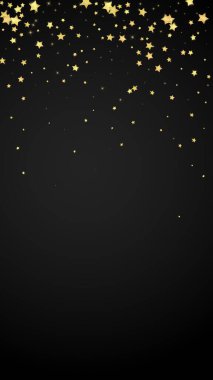 Sihirli yıldızlar vektör kaplaması. Altın yıldızlar rasgele etrafa saçılmış, düşüyor, yüzüyor. Kaotik rüya gibi çocuksu bir şablon. Siyah arkaplanda büyülü karikatür gece gökyüzü.