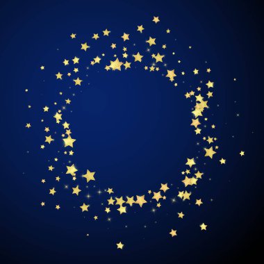 Sihirli yıldızlar vektör kaplaması. Altın yıldızlar rasgele etrafa saçılmış, düşüyor, yüzüyor. Kaotik rüya gibi çocuksu bir şablon. Koyu mavi arkaplanda vektör büyüsü.