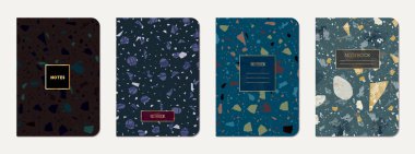Not defteri kapağı tasarımı. Doğal taşlar, granit, kuvars ve mermerden yapılmış terrazzo soyut arka plan. Venedik terrazzo dokusu şablonu.