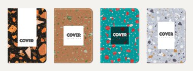 Not defteri kapağı tasarımı. Doğal taşlar, granit, kuvars ve mermerden yapılmış terrazzo soyut arka plan. Venedik terrazzo dokusu not defteri kapağı şablonu.