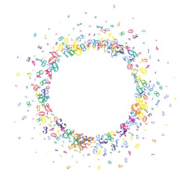 Dağınık numaralar. Renkli çocuksu parmaklar kaotik uçuyor. Beyaz arka planda matematik afişi. Düşen sayılar vektör illüstrasyonu.