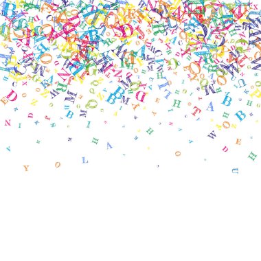 İngilizce 'nin harfleri düşüyor. Latin alfabesinin renkli, çocuksu uçan karakterleri. Yabancı diller öğrenim kavramı. Beyaz arkaplanda okul afişine geri dön.