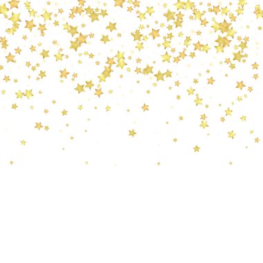 Sihirli yıldızlar vektör kaplaması. Altın yıldızlar rasgele etrafa saçılmış, düşüyor, yüzüyor. Kaotik rüya gibi çocuksu bir şablon. Beyaz arka planda sihirli yıldızlı büyüleyici vektör.