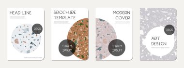 Not defteri kapağı tasarımı. Doğal taşlar, granit, kuvars ve mermerden yapılmış terrazzo soyut arka plan. Venedik terrazzo doku dizüstü bilgisayar kapağı şablonu.