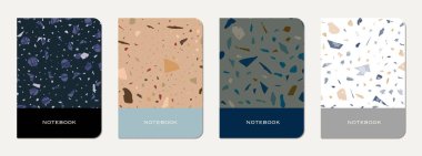 Broşür kapağı tasarımı. Doğal taşlar, granit, kuvars ve mermerden yapılmış terrazzo soyut arka plan. Venedik Terrazzo Doku Broşürü.