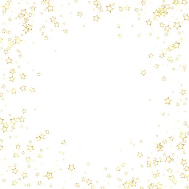 Parıldayan yıldızlar rastgele dağılmış, uçuyor, düşüyor, yüzüyor. Noel kutlaması kavramı. Beyaz arkaplanda şenlikli yıldız vektör çizimi.