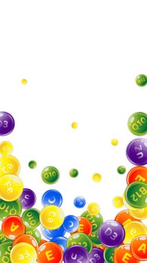 Vitamin ve mineral kompleksi. Multivitamin takviyesi. Renkli, dağınık haplar. Güzellik ve beslenme cilt bakımı. Temel vitamin vektör illüstrasyonu. Refah kavramı.