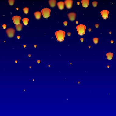 Loy Krathong 'un Chiang Mai kutlaması. Gece gökyüzünde kağıt fener ışıkları uçuşan Tayland tatili. Chiang Mai kültürel geleneği. Koyu mavi arkaplanda vektör illüstrasyonu.