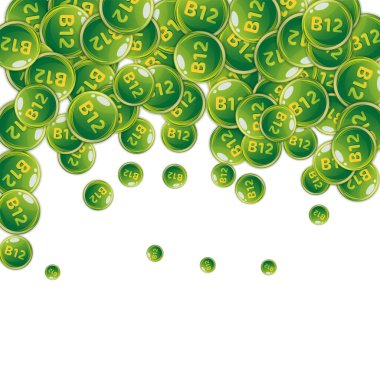 B12 vitamini pasaklı yuvarlak haplar. Güzellik ve beslenme cilt bakımı. Temel vitamin vektör illüstrasyonu. Sağlıklı yaşam konsepti.