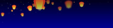 Loy Krathong festival kartı. Gece gökyüzünde kağıt fener ışıkları uçuşan Tayland tatili. Loy Krathong kutlaması. Koyu mavi arkaplanda vektör illüstrasyonu.