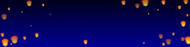Loy Krathong 'un Chiang Mai kutlaması. Gece gökyüzünde kağıt fener ışıkları uçuşan Tayland tatili. Chiang Mai kültürel geleneği. Koyu mavi arkaplanda vektör illüstrasyonu.