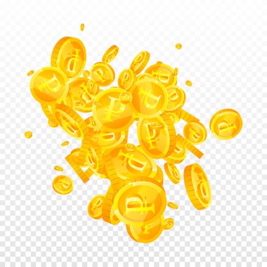 Russian ruble coins falling. Scattered gold RUB coins. Russia money. Global financial crisis concept. Square vector illustration.