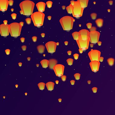 Yi Peng festival kartı. Gece gökyüzünde kağıt fener ışıkları uçuşan Tayland tatili. Geleneksel Yi Peng kutlaması. Mor gradyan arkaplan üzerindeki vektör illüstrasyonu.