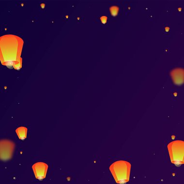 Yi Peng festival kartı. Gece gökyüzünde kağıt fener ışıkları uçuşan Tayland tatili. Geleneksel Yi Peng kutlaması. Mor gradyan arkaplan üzerindeki vektör illüstrasyonu.