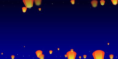 Loy Krathong festival kartı. Gece gökyüzünde kağıt fener ışıkları uçuşan Tayland tatili. Loy Krathong kutlaması. Koyu mavi arkaplanda vektör illüstrasyonu.