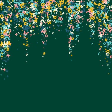 Uçan Latince mektuplar. İngiliz alfabesinin renkli çocuksu dağılmış çardakları. Yabancı diller öğrenim kavramı. Okula dönüş afişi .