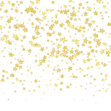 Magic stars vector overlay.  Gold stars scattered around randomly, falling down, floating.  Chaotic dreamy childish overlay template. Miraculous starry night vector  on white background. clipart