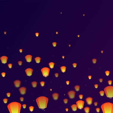 Loy Krathong festival kartı. Gece gökyüzünde kağıt fener ışıkları uçuşan Tayland tatili. Loy Krathong kutlaması. Mor gradyan arkaplan üzerindeki vektör illüstrasyonu.