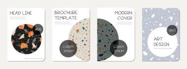 Broşür kapağı tasarımı. Doğal taşlar, granit, kuvars ve mermerden yapılmış terrazzo soyut arka plan. Venedik Terrazzo Doku Broşürü.