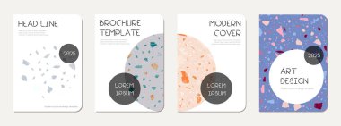 Okul not defteri kapağı tasarımı. Doğal taşlar, granit, kuvars ve mermerden yapılmış terrazzo soyut arka plan. Venedik terrazzo desenli okul not defteri şablonu.