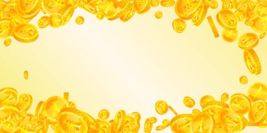Chinese yuan coins falling. Scattered gold CNY coins. China money. Great business success concept. Wide vector illustration.