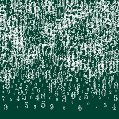 Okul geçmişi kavramı. Beyaz tebeşir sayıları ve rakamlar düşüyor. Tahta arka planda matematik afişi var. Düşen sayılar vektör illüstrasyonu.