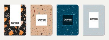 Not defteri kapağı tasarımı. Doğal taşlar, granit, kuvars ve mermerden yapılmış terrazzo soyut arka plan. Venedik terrazzo dokusu şablonu.