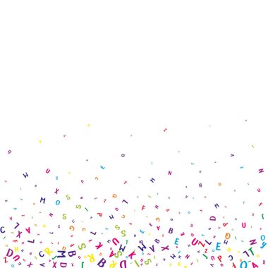 Uçan Latince mektuplar. İngiliz alfabesinin renkli çocuksu dağılmış çardakları. Yabancı diller öğrenim kavramı. Beyaz arkaplanda okul afişine geri dön.