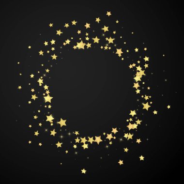 Sihirli yıldızlar vektör kaplaması. Altın yıldızlar rasgele etrafa saçılmış, düşüyor, yüzüyor. Kaotik rüya gibi çocuksu bir şablon. Siyah arkaplanda mucizevi yıldızlı gece vektörü.
