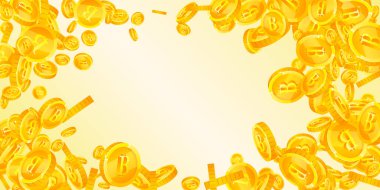 Bitcoin coins falling. Cryptocurrency scattered gold BTC coins. Internet currency. Jackpot wealth or success concept. Wide vector illustration.
