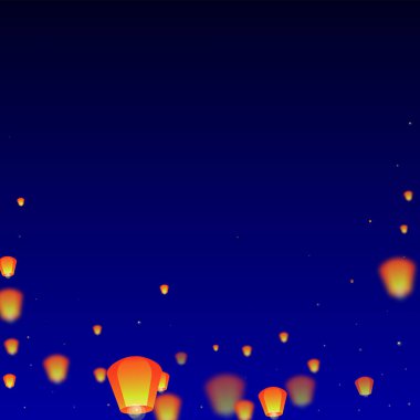 Loy Krathong 'un Chiang Mai kutlaması. Gece gökyüzünde kağıt fener ışıkları uçuşan Tayland tatili. Chiang Mai kültürel geleneği. Koyu mavi arkaplanda vektör illüstrasyonu.