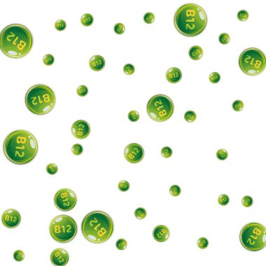 B12 vitamini pasaklı yuvarlak haplar. Güzellik ve beslenme cilt bakımı. Temel vitamin vektör illüstrasyonu. Sağlıklı yaşam konsepti.
