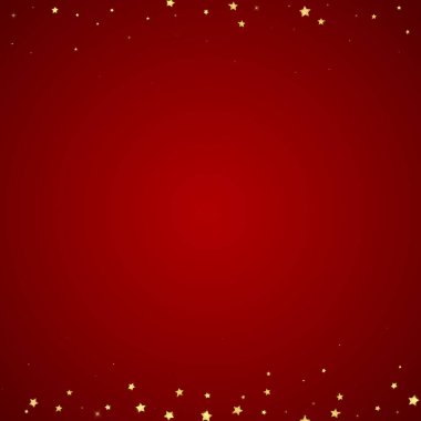 Sihirli yıldızlar vektör kaplaması. Altın yıldızlar rasgele etrafa saçılmış, düşüyor, yüzüyor. Kaotik rüya gibi çocuksu bir şablon. Kırmızı arkaplanda büyülü karikatür gece gökyüzü.