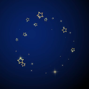 Parıldayan yıldızlar rastgele dağılmış, uçuyor, düşüyor, yüzüyor. Noel kutlaması kavramı. Koyu mavi arkaplanda kutlama yıldızları vektör illüstrasyonu.