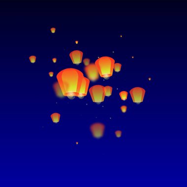Loy Krathong festival kartı. Gece gökyüzünde kağıt fener ışıkları uçuşan Tayland tatili. Loy Krathong kutlaması. Koyu mavi arkaplanda vektör illüstrasyonu.