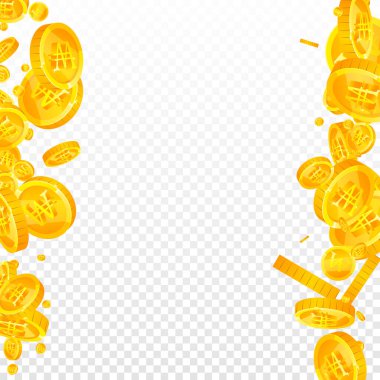 Korean won coins falling. Scattered gold WON coins. Korea money. Great business success concept. Square vector illustration.