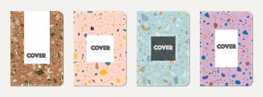 Okul not defteri kapağı tasarımı. Doğal taşlar, granit, kuvars ve mermerden yapılmış terrazzo soyut arka plan. Venedik terrazzo desenli okul not defteri şablonu.