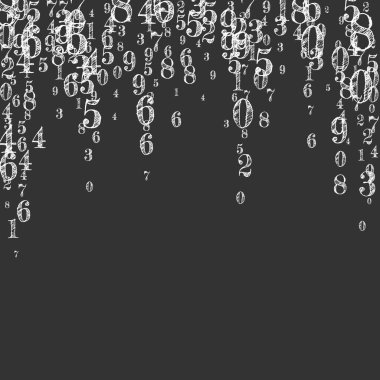 Okul geçmişi kavramı. Beyaz tebeşir sayıları ve rakamlar düşüyor. Tahta arka planda matematik afişi var. Düşen sayılar vektör illüstrasyonu.