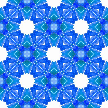 Tekstil hazır muhteşem baskı, mayo kumaş, duvar kağıdı, ambalaj. Mavi parlak boho şık yaz tasarımı. Etnik elle boyanmış desen. Suluboya yaz etnik sınır düzeni.