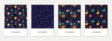 Çizgi film galaksisiyle okul defteri kapağı tasarımı. Çocukların okul defterleri ve günlükleri için şirin bir tasarım. El çizimi galaksisi olan okul defteri.