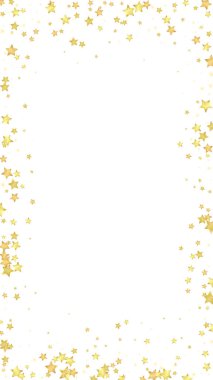 Sihirli yıldızlar vektör kaplaması. Altın yıldızlar rasgele etrafa saçılmış, düşüyor, yüzüyor. Kaotik rüya gibi çocuksu bir şablon. Beyaz arkaplanda mucizevi yıldızlı gece vektörü.