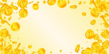 Japanese yen coins falling. Scattered gold JPY coins. Japan money. Great business success concept. Wide vector illustration.