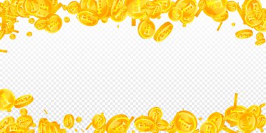 Swiss franc coins falling. Gold scattered CHF coins. Switzerland money. Jackpot wealth or success concept. Wide vector illustration.