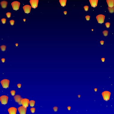 Yi Peng festival kartı. Gece gökyüzünde kağıt fener ışıkları uçuşan Tayland tatili. Geleneksel Yi Peng kutlaması. Koyu mavi arkaplanda vektör illüstrasyonu.