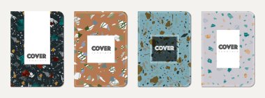 Okul not defteri kapağı tasarımı. Doğal taşlar, granit, kuvars ve mermerden yapılmış terrazzo soyut arka plan. Venedik terrazzo desenli okul not defteri şablonu.