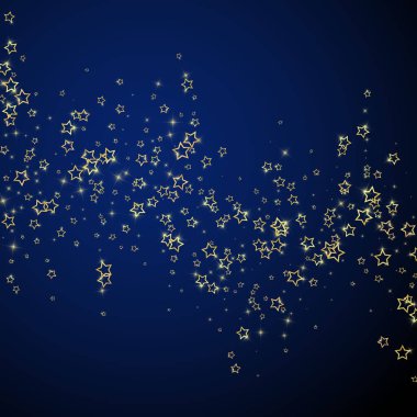 Altın parıldayan yıldız konfetisi. Kaotik rüya gibi çocuksu bir şablon. Koyu mavi arkaplanda kutlama yıldızları vektör illüstrasyonu.