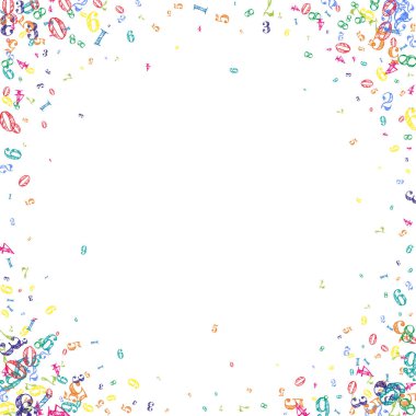 Okul matematik not defteri kapağı. Havada yüzen renkli çocuksu sayılar. Beyaz arka planda matematik afişi. Düşen sayılar vektör illüstrasyonu.