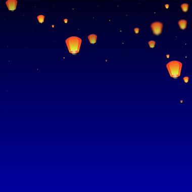 Loy Krathong 'un Chiang Mai kutlaması. Gece gökyüzünde kağıt fener ışıkları uçuşan Tayland tatili. Chiang Mai kültürel geleneği. Koyu mavi arkaplanda vektör illüstrasyonu.