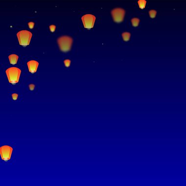 Gece gökyüzünde süzülen gökyüzü fenerleri. Gece gökyüzünde kağıt fener ışıkları uçuşan Tayland tatili. Gökyüzü feneri festivali kutlaması. Koyu mavi arkaplanda vektör illüstrasyonu.