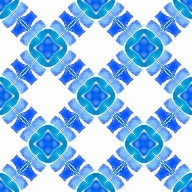 Suluboya madalyonu, kusursuz sınır. Mavi süslü boho şık yaz tasarımı. Tekstil hazır lüks baskı, mayo kumaş, duvar kağıdı, ambalaj. Madalyon pürüzsüz desen.